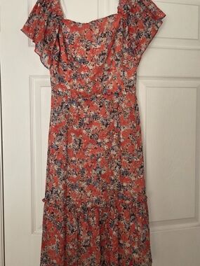 Adelyn Rae Coral Floral Midi Dress with Blue and Cream Accents